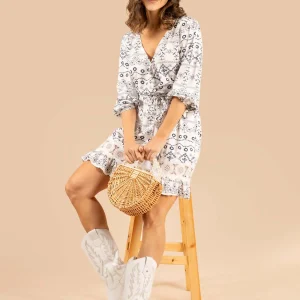 Vestido corto estilo boho color blanco con azul 105195