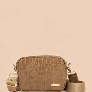 Bolso manos libres color taupe con textura croco 105565