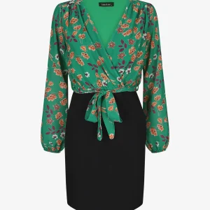 Vestido tubo con busto estampado de pequeñas flores - Verde