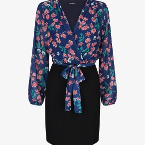 Vestido tubo con busto estampado de pequeñas flores - Azul