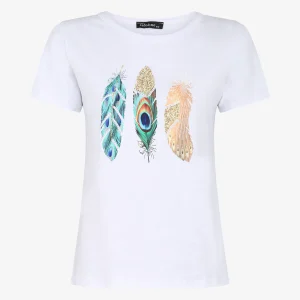 Camiseta con estampado de plumas y strass - Blanco