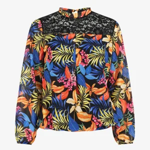 Blusa de gasa con estampado tropical - Negro
