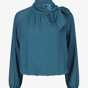 Blusa amplia lisa con cuello lazada - Azul pato