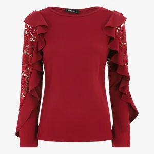 Top unido con mangas de encaje y volantes. - Burdeos