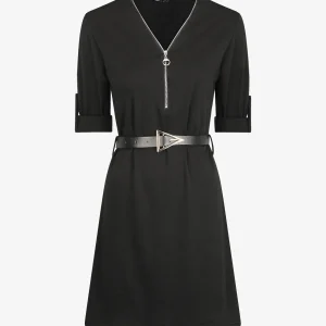 Vestido liso corte recto con cuello con cremallera - Negro