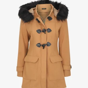 Abrigo tipo duffle con capucha de piel - Camello