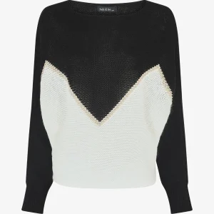 Suéter bicolor con ribete dorado en zigzag - Negro