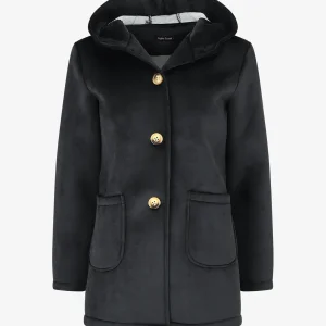 Abrigo con capucha efecto terciopelo - Negro