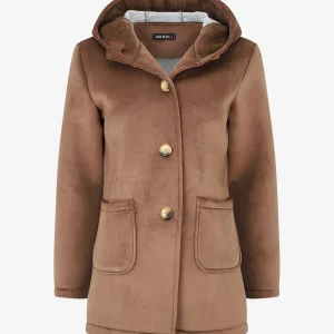 Abrigo con capucha efecto terciopelo - Marrón