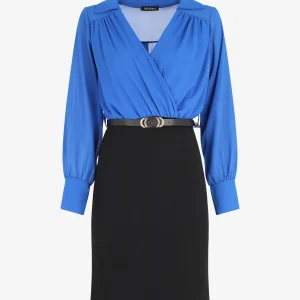 Vestido tubo con escote cruzado - Negro/azul real