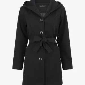 Abrigo largo con capucha liso - Negro