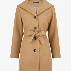 Abrigo largo con capucha liso - Camello