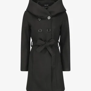 Abrigo de media longitud con cinturón y capucha. - Negro