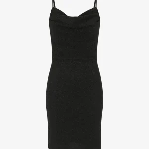 Vestido ajustado con lentejuelas y cuello drapeado. - Negro