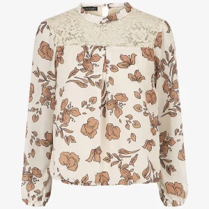 Blusa de manga larga con encaje y estampado floral - Beis