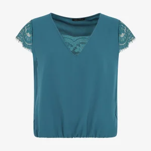 Top unido con mangas cortas, cuello en V y encaje. - Azul pato