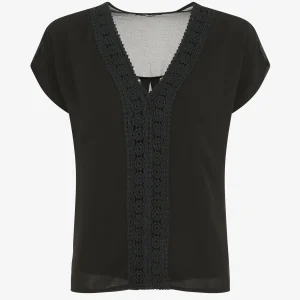 Top unido en voile y bordados - Negro