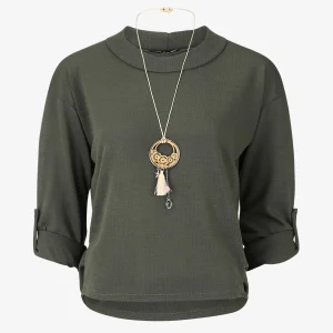 Jersey fino liso con cuello redondo - Caqui