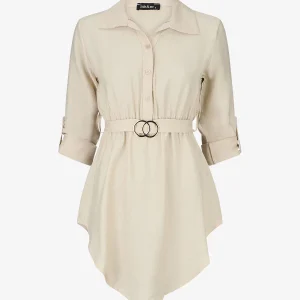 Túnica lisa con mangas enrollables. - Beis