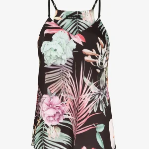Camiseta recta satinada con estampado floral y espalda nadadora - Negro