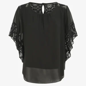 Top unido en gasa y encaje. - Negro