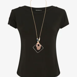 Camiseta lisa de manga corta con botones - Negro