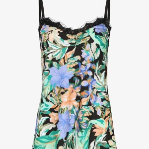 Camisón de satén estampado con flores grandes - Negro