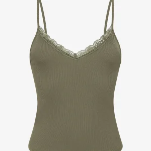 Camiseta de tirantes de canalé con cuello de encaje - Caqui