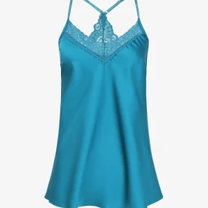 Camiseta satinada con espalda nadadora y encaje - Azul pato