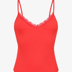 Camiseta de tirantes de canalé con cuello de encaje - Rojo