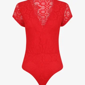 Body de encaje con mangas cortas - Rojo