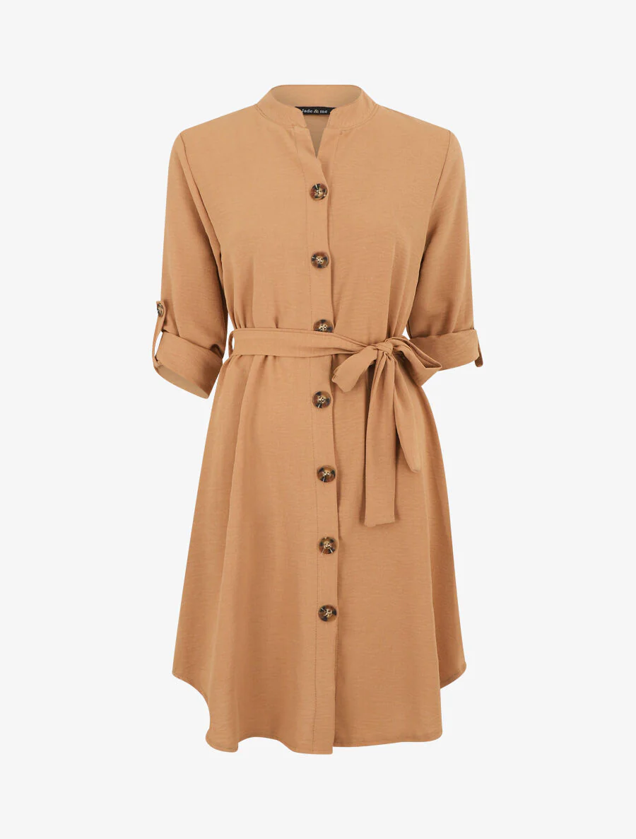 Vestido camisero liso de manga larga - Camello