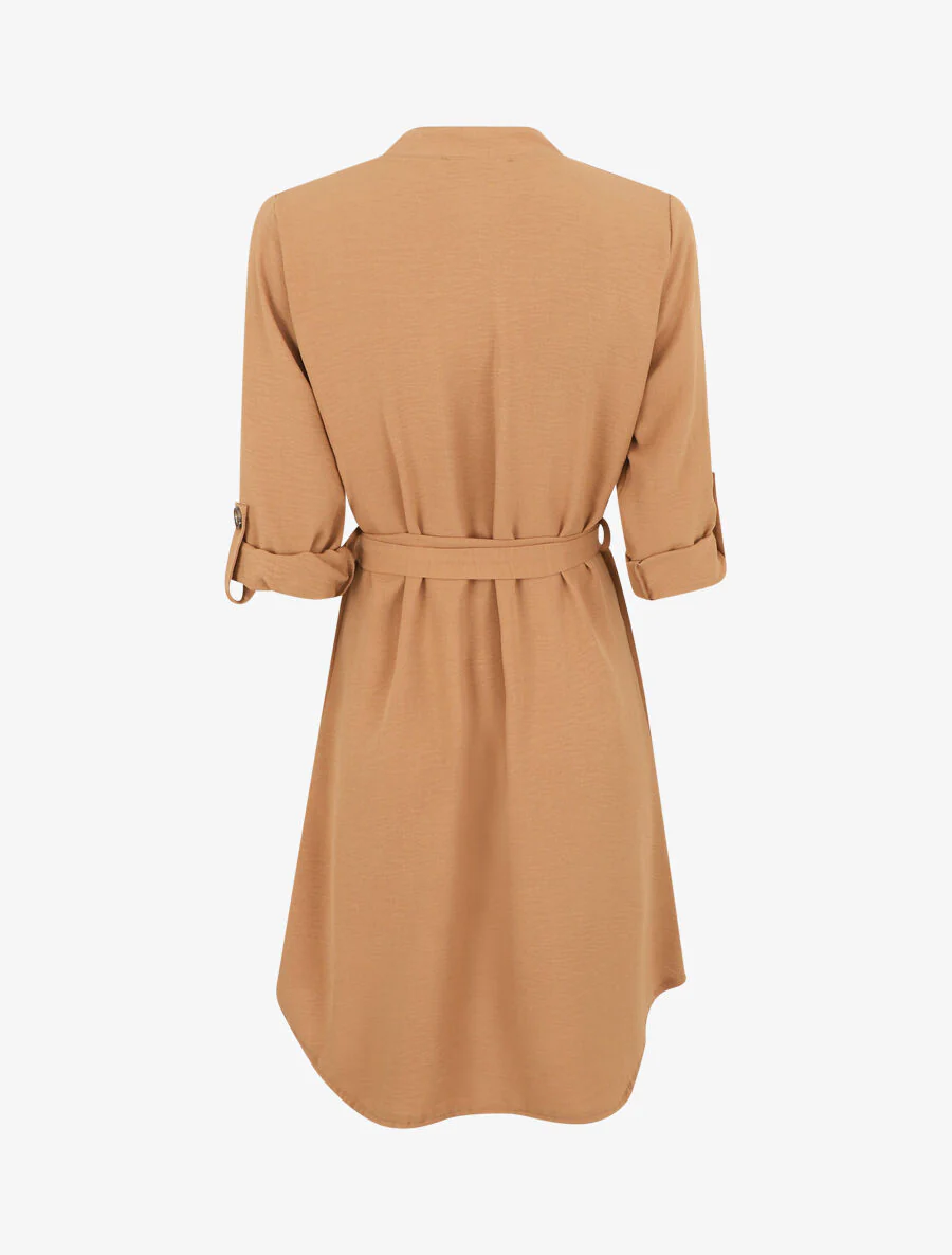 Vestido camisero liso de manga larga - Camello - Imagen 2