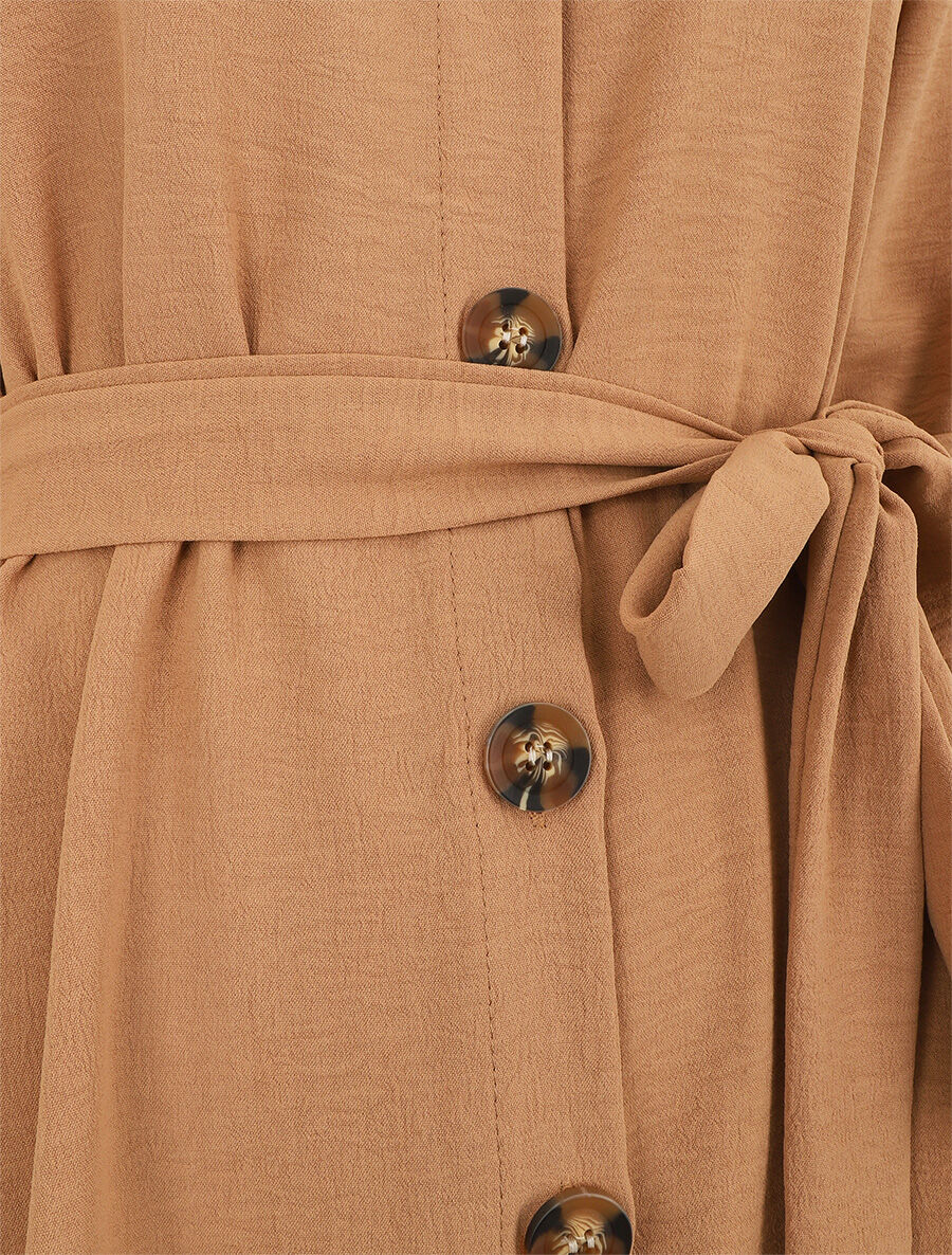 Vestido camisero liso de manga larga - Camello - Imagen 3