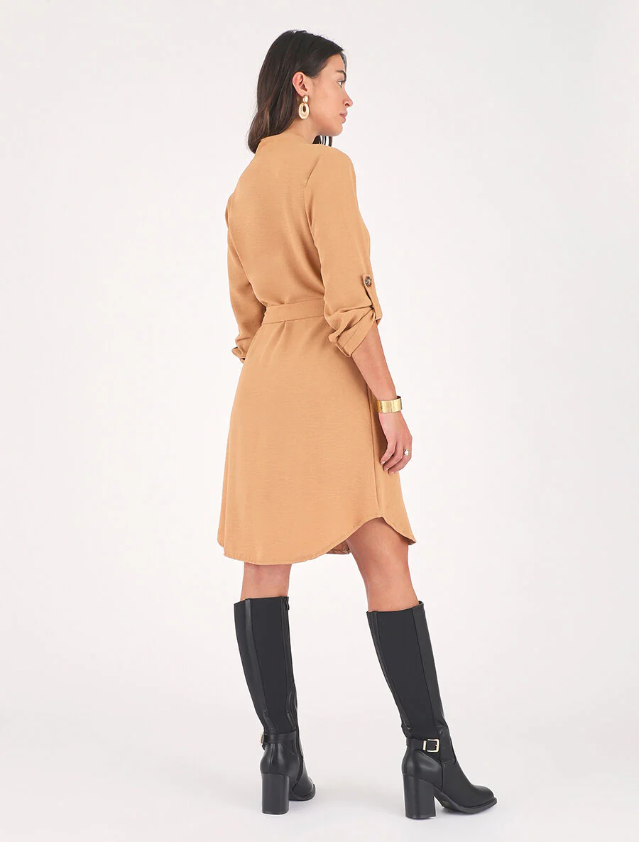 Vestido camisero liso de manga larga - Camello - Imagen 5