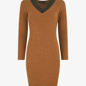 Vestido ajustado de punto canalé - Camello