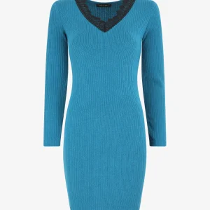 Vestido ajustado de punto canalé - Azul pato