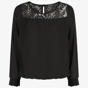 Top unido en gasa y encaje. - Negro