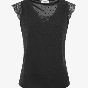 Top texturizado con mangas de encaje detallado - Negro