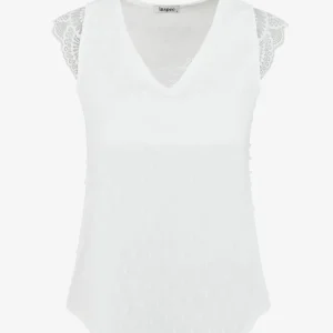 Top texturizado con mangas de encaje detallado - Blanco